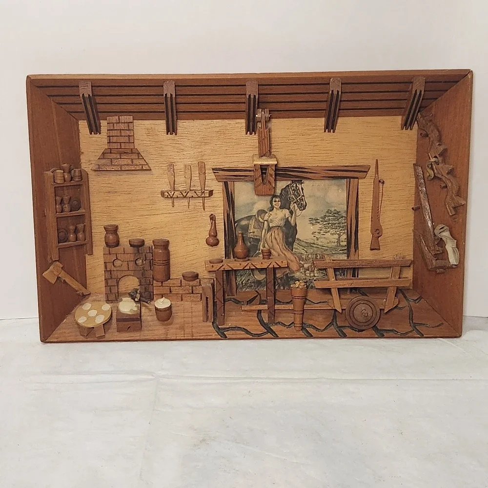 Vintage 1960's MCM Carved Wooden Lodge Bar Tavern Inn Market Town Diorama‎ 3D